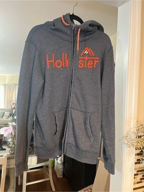 Hollister Men's Charcoal Zip-Up Hoodie with Orange Logo large
